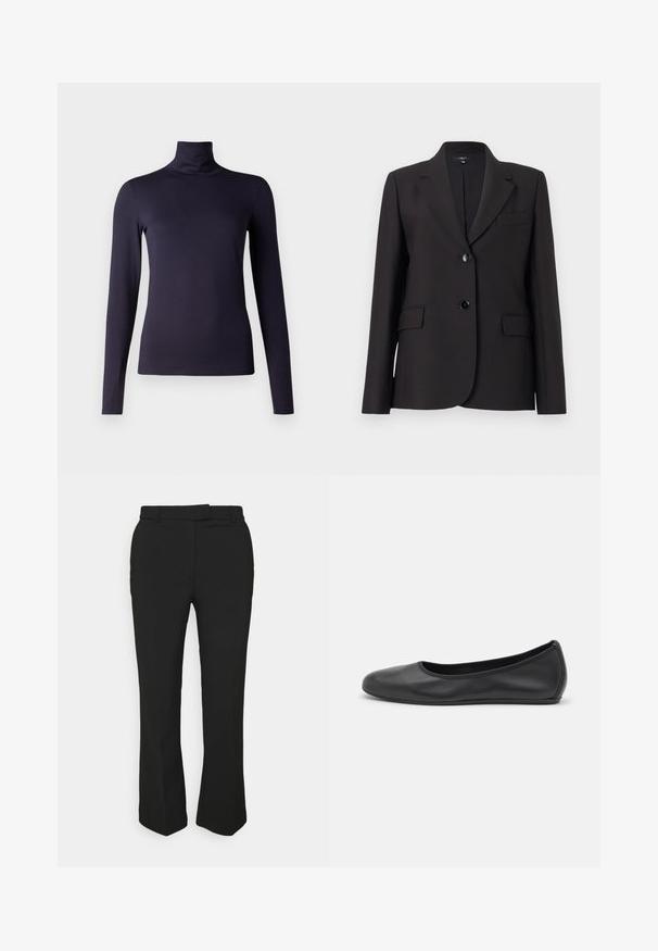 Black blazer with a notched lapel, single button closure, two front pockets, and smooth fabric texture. Classic tailored design.; Navy long-sleeve turtleneck top made from smooth, stretchy material. Fitted design with a high neck and no visible patterns or accents.; Black tailored pants with a straight-leg design, featuring belt loops and side pockets. Made from smooth fabric with a clean finish.; Black leather ballet flat with a rounded toe, smooth texture, minimal stitching detail, and a flexible sole design.