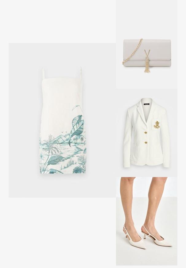 Balta žakete ar teksturētu apdari, zelta pogām un krūšu kabatu ar izšūtu zelta logotipu. Iekļautas divas priekšējās kabatas.; Bez piedurknēm, krēmkrāsas kleita ar tirkīzzilā botāniskā ainavā uzdrukātu, kurā redzami lapas, kalni un ūdens, izgatavota no viegla auduma.; Beidzējo oriģinālo bežējo lakotā ādas kurpju papēžus ar norādītu degunu un 5 cm papēdi, kas iekļauj izgrieztās sānu daļas un plānu potītes siksniņu.; Gaiši pelēks mākslīgās ādas rokassoma ar zelta ķēdes siksniņu, ar V formas aizdari un pušķi. Gluda virsma, taisnstūra forma.