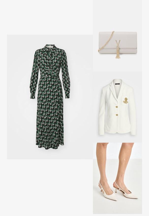 White blazer with a textured finish, gold buttons, and a chest pocket featuring an embroidered gold logo. Two front pockets included.; Diane von Furstenberg TORI DRESS - Shirt dress - black; Beige patent leather slingback heels with a pointed toe and 5 cm heel, featuring cut-out sides and a thin ankle strap.; Light gray faux leather handbag with gold chain strap, featuring a V-shaped clasp and a tassel detail. Smooth texture, rectangular shape.