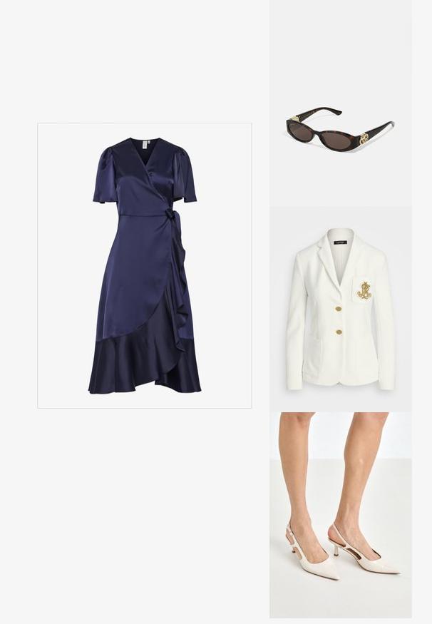 Biely blazer s textúrovaným povrchom, zlatými gombíkmi a náprsním vreckom s vyšitým zlatým logom. Sú súčasťou aj dve predné vrecká.; Námornícké hodvábne šaty na zaväzovanie s krátkymi puff rukávmi, volánkovým lemom a opaskom na zaväzovanie v páse. Hladká textúra s plynulým siluetou.; Bežové lakované lodičky na podpätku so špicatou špičkou a 5 cm podpätkom, s výrezmi po stranách a tenkým remienkom okolo členka.; Slnkové okuliare v korytnačkovom dizajne s predĺženými oválnymi šošovkami, hnedým tónovaním, zlatými logovými akcentmi na spánkoch a elegantnými čiernymi ramenami.