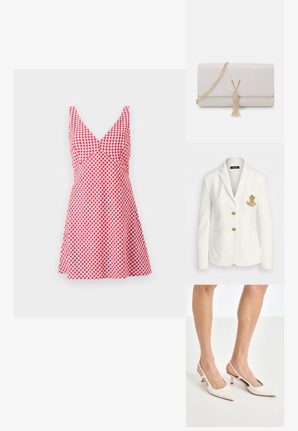 Biały żakiet o fakturowym wykończeniu, z złotymi guzikami i kieszenią na piersi z haftowanym złotym logo. Zawiera dwie przednie kieszenie.; Czerwona i biała sukienka w kratkę z dekoltem w serek, bez rękawów, dopasowaną górą i rozkloszowaną spódnicą. Wykonana z lekkiego materiału.; Beżowe lakierowane szpilki z odkrytą piętą, zakończone spiczastym noskiem i 5 cm obcasem, z wyciętymi bokami oraz cienkim paskiem na kostce.; Jasnoszara torebka z ekoskóry z złotym łańcuchem, z V-kształtnym zapięciem i detalem w postaci chwosta. Gładka tekstura, prostokątny kształt.