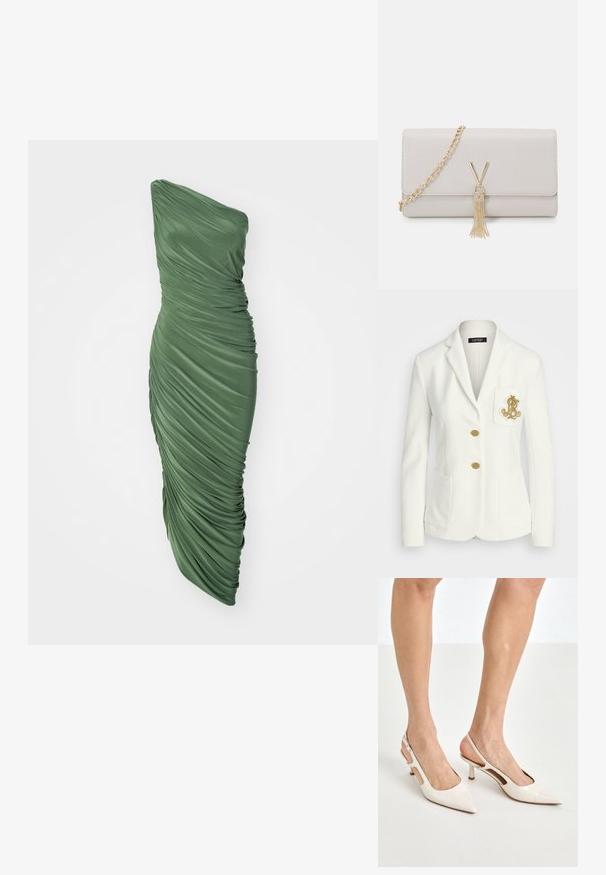 Hvit blazer med teksturert finish, gullknapper og en brystlomme med brodert gulllogo. To frontlommer inkludert.; Grønn, en-skulderkjole laget av samlet, teksturert stoff, med en tettsittende silhuett som flyter ned til kanten.; Beige patent lærstøvletter med spidse tå og 5 cm hæl, med udskårne sider og en tynd ankelrem.; Lys grå imitert lær veske med gullkjedehank, med en V-formet lås og frynse detalj. Jevn tekstur, rektangulær form.