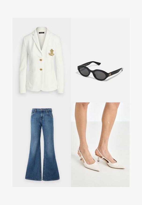 Blazer blanco con un acabado texturizado, botones dorados y un bolso en el pecho que presenta un logo dorado bordado. Incluye dos bolsillos frontales.; Camisa blanca de botones hecha de algodón suave con un cuello clásico, que presenta un dobladillo recto y botones beige en la parte delantera.; Jeans de denim acampanados en un lavado azul medio con un diseño clásico de cinco bolsillos, pasadores para cinturón y cierre de botón. Textura suave con un leve desvanecimiento.; Tacones slingback de charol beige con punta afilada y un tacón de 5 cm, con lados recortados y una delgada correa en el tobillo.; Gafas de sol negras en forma ovalada con lentes oscuros y montura de plástico brillante. Presenta un logo dorado en la patilla, ofreciendo un diseño elegante y moderno.