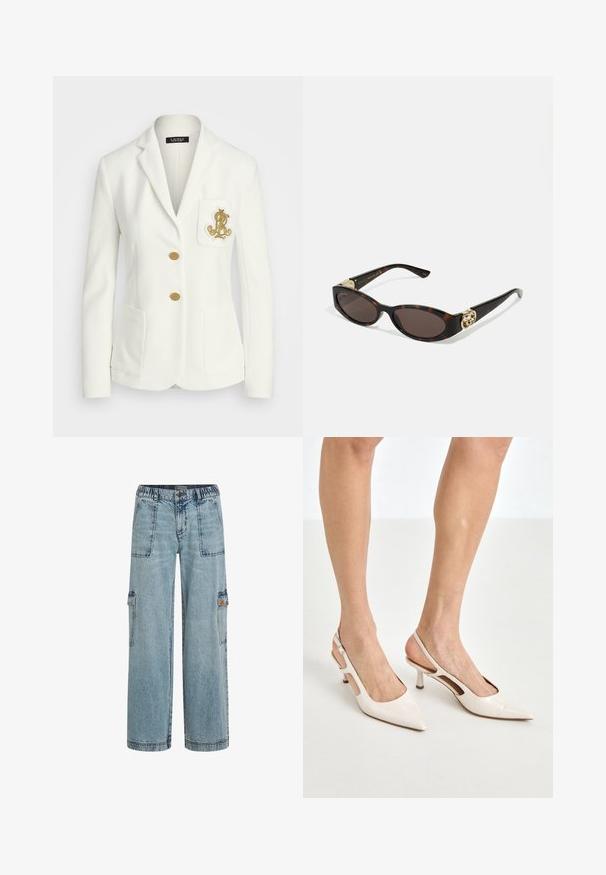 Bílý blazer s texturovaným povrchem, zlaté knoflíky a náprsní kapsa s vyšívaným zlatým logem. Součástí jsou dvě přední kapsy.; Bílá košile s rozepínáním, vyrobená z hladké bavlny, s klasickým límcem, rovný lem a béžové knoflíky na přední straně.; Světle modré džínové cargo kalhoty s elastickým pasem, dvěma předními kapsami a bočními kapsami. Volný střih s rovnými nohavicemi.; Béžové lakované lodičky na podpatku s špičatou špičkou a 5 cm podpatkem, se vykrojenými boky a tenkým kotníkovým páskem.; Brýle sluneční s kočičím vzorem, prodloužené oválné čočky, hnědý odstín, zlaté logo na spáncích a elegantní černé nožičky.