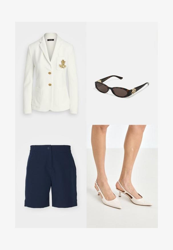Bijeli sako s teksturiranim završetkom, zlatnim dugmadima i prsnom džepom s vezom zlatnog loga. Uključena su dva prednja džepa.; Bijela košulja s dugim rukavima od glatkog pamuka s klasičnom kragnom, koja ima ravni rub i bež gumbe duž prednje strane.; Navy plave kratke hlače od glatke tkanine, s elastičnim pojasom, prednjim džepovima i jednostavnim ravnim krojem.; Bež cipele na petu od lakiranih koža s uskim vrhom i petom od 5 cm, s izrezanim stranama i tankim remenom oko gležnja.; Suncane naočale od kornjačevine s izduženim ovalnim lećama, smešnim nijansama, zlatnim logotipom na drškama i elegantnim crnim krakovima.
