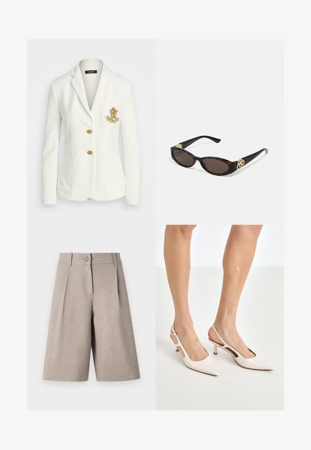 Hvit blazer med teksturert finish, gullknapper og en brystlomme med brodert gulllogo. To frontlommer inkludert.; Blå og hvitstripet langermet skjorte, med krage som kan kneppes ned, kontrasterende mansjetter, og et lite emblem på brystet.; Beige tilpassede shorts med plysser, med en knaplukning og en glat tekstur, designet for en strukturert, moderne silhuett.; Beige patent lærstøvletter med spidse tå og 5 cm hæl, med udskårne sider og en tynd ankelrem.; Skilpadde-solbriller med avlange ovale linser, brun tint, gull-logo aksenter på stengene og elegante svarte armer.