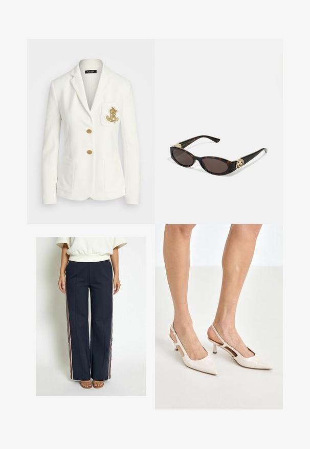 Witte blazer met een textuurafwerking, gouden knopen en een borstzak met een geborduurd gouden logo. Inclusief twee voorzakken.; Blauw gestreepte overhemden met kraag, lange mouwen en een afgeronde zoom. De stof lijkt glad en lichtgewicht. Knopsluiting aan de voorkant.; Navy wijdvallende broek van een zachte stof, voorzien van zijstrepen in rood, wit en blauw. Gedetailleerd met voorplooien.; Beige gepatineerde leren slingback hakken met een spitze neus en een hak van 5 cm, met uitsparingen aan de zijkanten en een dunne enkelband.; Schildpadbril met langwerpige ovale lenzen, bruine tint, gouden logo-accenten op de pootjes en slanke zwarte armen.; Beige handtas met een patroon en een gebogen vorm, leren accenten en een goudkleurig logo aan de voorkant. Beschikt over een kort handvat voor gemakkelijk dragen.