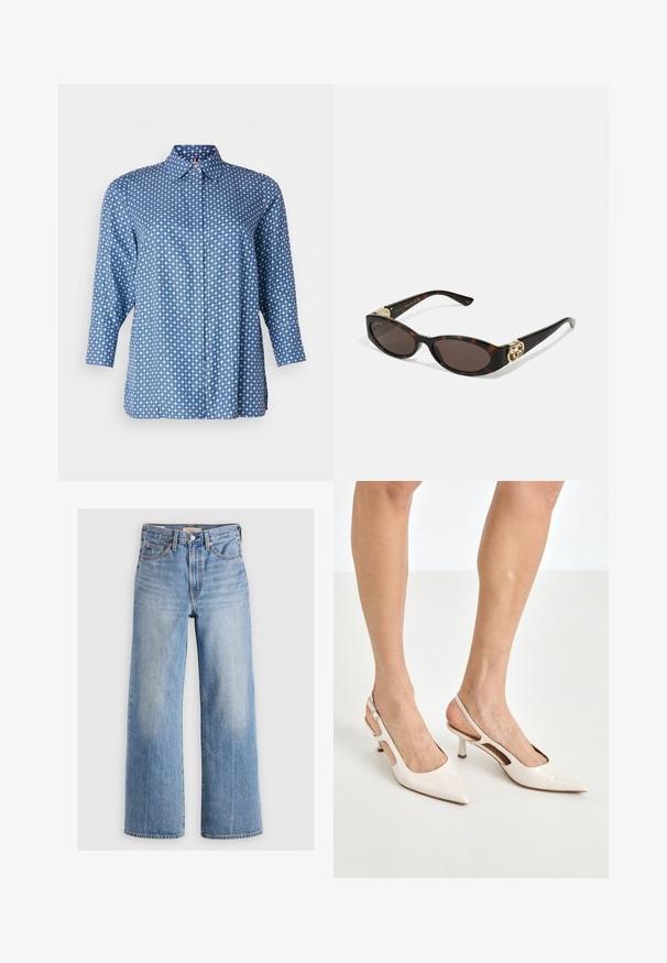 Valge bleiser, millel on tekstureeritud viimistlus, kuldsed nööbid ja rinnaees tasku, millel on broderi kuldne logo. Kahe eesmine tasku kuulub komplekti.; Sinine pikkade varrukatega nööbitava särk, millel on valge rombimuster ja õrnad punased aktsendid, leviva kraega ja peidetud eesnööbid.; Heledad sinine teksariidest laiad püksid, kõrge vöökoht, pleekinud alad, viis taskut ja kontrastne õmblus. Klassikaline nööp ja tõmblukk.; Beesek patentnaha slingback kontsad 5 cm kontsaga, millel on terav nina ja lõigatud külgedega ning õhuke pahkluu rihm.; Kilpkonnakilbi stiilis prillid piklik-ovaalsete läätsede, pruunika tooniga, kuldsete logo aktsentidega templitel ja elegantsed mustad varred.