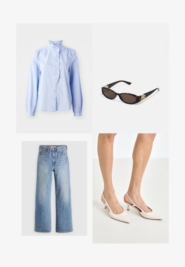 Balta žakete ar teksturētu apdari, zelta pogām un krūšu kabatu ar izšūtu zelta logotipu. Iekļautas divas priekšējās kabatas.; JDY JDYMIO FRILL - Pogājama blūze - blue; Gaiši zili denima plati kāju džinsi ar augstu jostasvietu, izbalējušām vietām, piecām kabatām un kontrastējošiem šuvumiem. Klasiska pogas un rāvējslēdzēja aizdare.; Beidzējo oriģinālo bežējo lakotā ādas kurpju papēžus ar norādītu degunu un 5 cm papēdi, kas iekļauj izgrieztās sānu daļas un plānu potītes siksniņu.; Tīģerbrūnā sauļošanās brillēm ar izstieptām ovālām lēcām, brūnu tonējumu, zeltītiem logotipa akcentiem uz tempļiem un plānām melnām kājām.