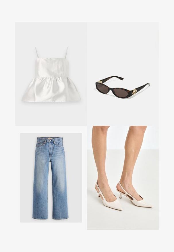 Blazer branco com um acabamento texturizado, botões dourados e um bolso no peito com um logótipo dourado bordado. Inclui dois bolsos frontais.; Top de cetim branco com alças finas e corpete ajustado que se alarga numa bainha peplum franzida, textura suave com leve brilho.; Calças de ganga largas de denim azul claro com uma cintura alta, áreas desbotadas, cinco bolsos e costura em contraste. Fecho clássico com botão e zíper.; Saltos slingback de verniz bege com bico fino e salto de 5 cm, apresentando lados recortados e uma tira fina no tornozelo.; Óculos de sol de tartaruga com lentes ovais alongadas, tom castanho, acentos de logotipo dourado nas hastes e hastes pretas elegantes.