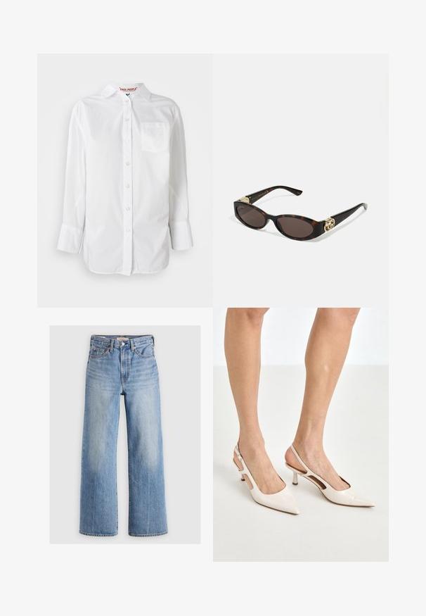 Witte blazer met een textuurafwerking, gouden knopen en een borstzak met een geborduurd gouden logo. Inclusief twee voorzakken.; Witte langemouwen overhemd met knopen, een kraag en een borstzak, weergegeven tegen een egale achtergrond.; Lichtblauwe denim wijde broek met hoge taille, vervaagde plekken, vijf zakken en contrasterende stiksels. Klassieke knoop- en ritssluiting.; Beige gepatineerde leren slingback hakken met een spitze neus en een hak van 5 cm, met uitsparingen aan de zijkanten en een dunne enkelband.; Schildpadbril met langwerpige ovale lenzen, bruine tint, gouden logo-accenten op de pootjes en slanke zwarte armen.; Zwarte neplederen totebag met twee hengsels, een voorzak met rits en een afneembaar zakje. Gouden hardware accenten benadrukken het merklogo.