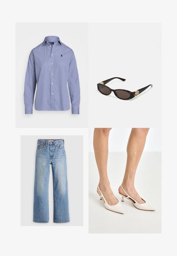 Biały żakiet o fakturowym wykończeniu, z złotymi guzikami i kieszenią na piersi z haftowanym złotym logo. Zawiera dwie przednie kieszenie.; Polo Ralph Lauren - Bluzka; Jasnoniebieskie dżinsowe spodnie o szerokich nogawkach z wysokim stanem, wyblakłe miejsca, pięć kieszeni oraz kontrastowe przeszycia. Klasyczne zapięcie na guzik i zamek błyskawiczny.; Beżowe lakierowane szpilki z odkrytą piętą, zakończone spiczastym noskiem i 5 cm obcasem, z wyciętymi bokami oraz cienkim paskiem na kostce.; Słoneczne okulary w kolorze żółwi z wydłużonymi owalnymi soczewkami, brązowym odcieniem, złotymi akcentami logo na zausznikach oraz smukłymi czarnymi ramionami.