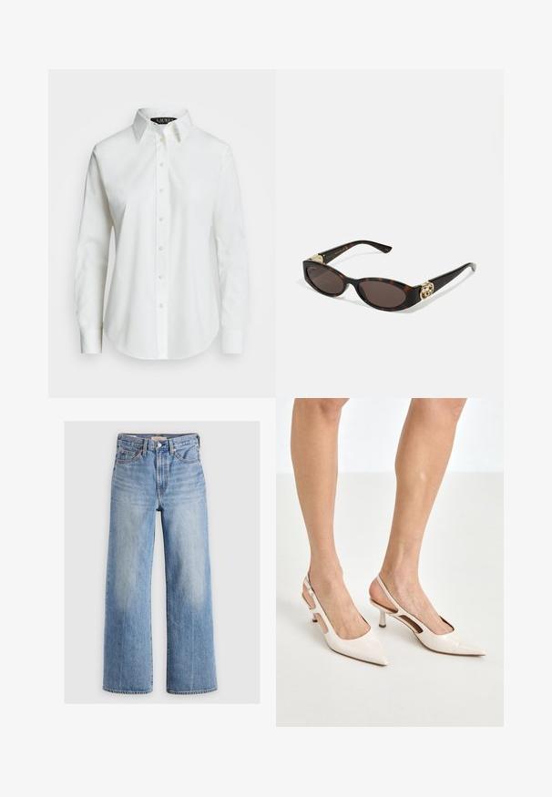 Blazer branco com um acabamento texturizado, botões dourados e um bolso no peito com um logótipo dourado bordado. Inclui dois bolsos frontais.; Camisa branca de botão, feita de algodão suave, com colarinho clássico, apresentando uma bainha reta e botões bege na frente.; Calças de ganga largas de denim azul claro com uma cintura alta, áreas desbotadas, cinco bolsos e costura em contraste. Fecho clássico com botão e zíper.; Saltos slingback de verniz bege com bico fino e salto de 5 cm, apresentando lados recortados e uma tira fina no tornozelo.; Óculos de sol de tartaruga com lentes ovais alongadas, tom castanho, acentos de logotipo dourado nas hastes e hastes pretas elegantes.