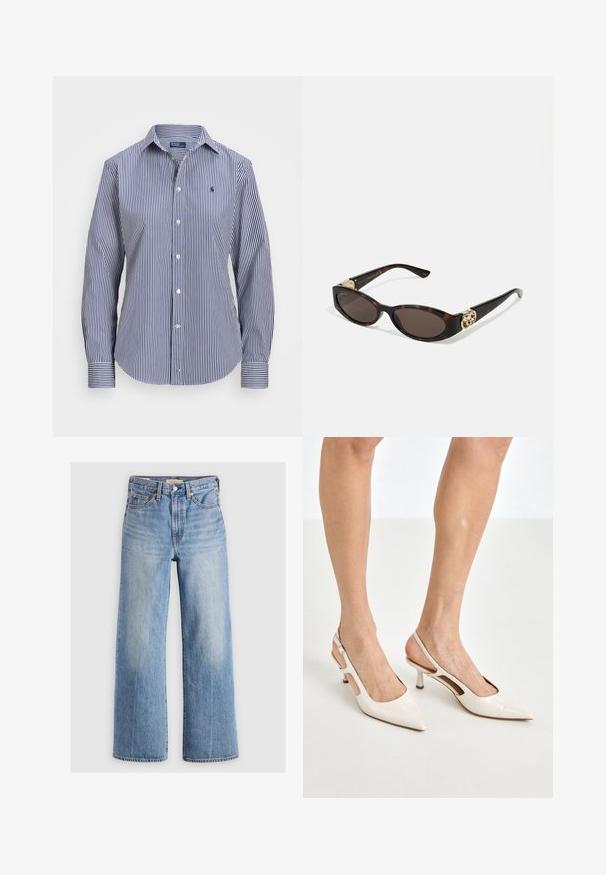 White blazer with a textured finish, gold buttons, and a chest pocket featuring an embroidered gold logo. Two front pockets included.; Blue and white striped long-sleeve shirt, featuring a button-down collar, contrasting cuffs, and a small emblem on the chest.; Light blue denim wide-leg jeans with a high waist, faded areas, five pockets, and contrast stitching. Classic button and zipper closure.; Beige patent leather slingback heels with a pointed toe and 5 cm heel, featuring cut-out sides and a thin ankle strap.; Tortoiseshell sunglasses with elongated oval lenses, brown tint, gold logo accents on temples, and sleek black arms.