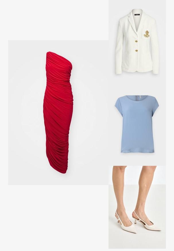 White blazer with a textured finish, gold buttons, and a chest pocket featuring an embroidered gold logo. Two front pockets included.; Light blue short-sleeve top with a round neckline and a back zip closure. Smooth fabric with a subtle texture and relaxed fit.; Red, strapless, bodycon dress featuring gathered fabric for a ruched texture, long length, and a sleek silhouette.; Beige patent leather slingback heels with a pointed toe and 5 cm heel, featuring cut-out sides and a thin ankle strap.