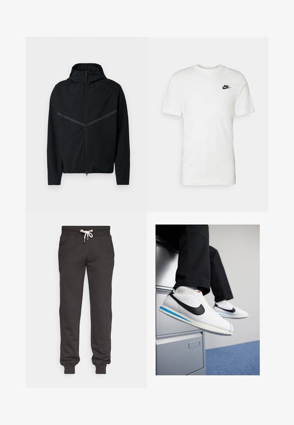 Crna sportska jakna s visokim ovratnikom, prednjim patentnim zatvaračem i reflektirajućim sivim prugama na ramenima. Izrađena od glatkog, laganog materijala.; Bijela pamučna majica s kratkim rukavima, okruglim izrezom i crnim Nike logom na lijevoj strani grudi. Glatka tekstura i klasičan kroj.; Crne trenirke od mekog materijala, s pojasom na vezanje, bočnim džepovima i uskim manžetama na gležnjevima.; Bijele kožne tenisice s crnim Nike logotipom, svijetloplavi i sivi gumeni potplat te klasičan dizajn vezanja. Noge su naslonjene na ormar.