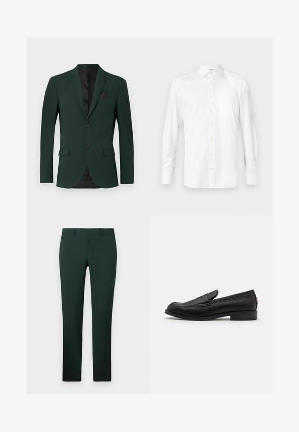 Dark green blazer with two buttons, notched lapels, and a single chest pocket. Interior features a black lining. Smooth fabric texture.; White long-sleeve shirt made of smooth fabric, featuring a classic collar, button front, and buttoned cuffs. Simple, clean design.; Dark green trousers with a straight leg design, made from a smooth fabric. Features a flat front and standard waistband with belt loops.; Black leather loafers with a smooth finish, rounded toe, and a small decorative flap. Features a low stacked heel and subtle branding detail.