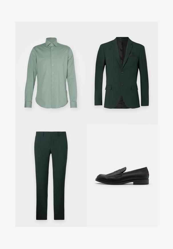 Blazer vert foncé avec deux boutons, revers crantés et une poche poitrine unique. L'intérieur est doté d'une doublure noire. Texture de tissu lisse.; Chemise vert clair à manches longues et à boutons, fabriquée en tissu lisse. Présente un col classique et un devant boutonné avec sept boutons visibles.; Pantalon vert foncé avec une coupe droite, fabriqué à partir d'un tissu lisse. Présente un devant plat et une taille standard avec passants de ceinture.; Mocassins en cuir noir avec une finition lisse, un bout arrondi et une petite flèche décorative. Dotés d'un petit talon empilé et d'un détail de marque subtil.