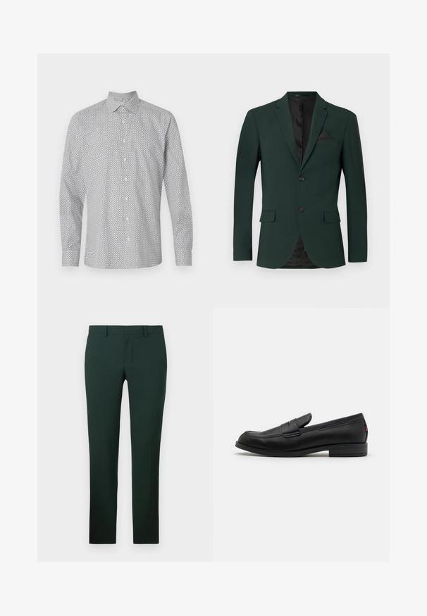 Blazer verde scuro con due bottoni, rever a punta e una tasca sul petto. L'interno presenta una fodera nera. Tessuto dalla consistenza liscia.; Camicia button-up bianca con un motivo geometrico nero. Presenta maniche lunghe, colletto e vestibilità standard.; Pantaloni verdi scuri con un design a gamba dritta, realizzati in un tessuto morbido. Presentano una parte frontale piatta e un girovita standard con passanti per cintura.; Mocassini in pelle nera con finitura liscia, punta arrotondata e una piccola pattina decorativa. Presentano un tacco basso e impilato e un sottile dettaglio di branding.