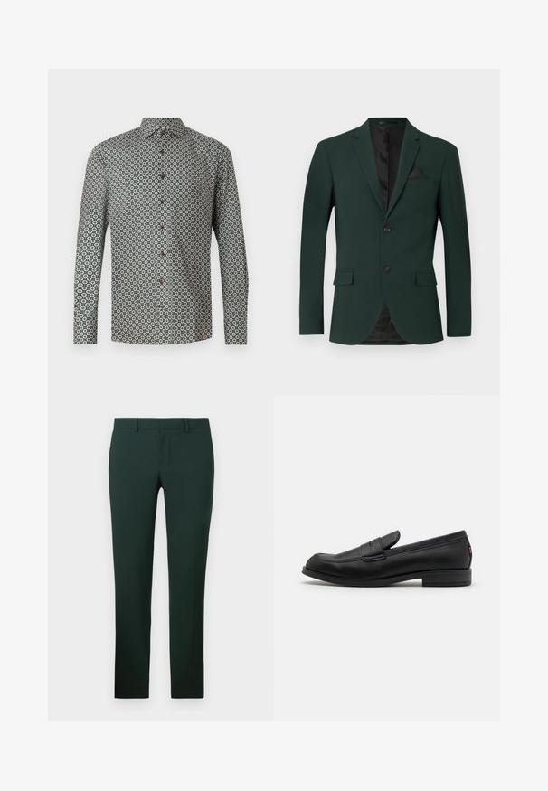 Dark green blazer with two buttons, notched lapels, and a single chest pocket. Interior features a black lining. Smooth fabric texture.; Long-sleeved shirt in a green fabric featuring a repeated floral pattern. The collar is button-down, with brown buttons along the front.; Dark green trousers with a straight leg design, made from a smooth fabric. Features a flat front and standard waistband with belt loops.; Black leather loafers with a smooth finish, rounded toe, and a small decorative flap. Features a low stacked heel and subtle branding detail.