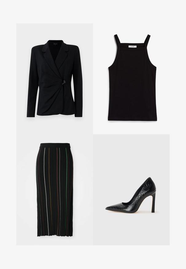 Musta, räätälöity bleiseri pitkillä hihoilla, jossa on viilto kaulus, laskostettu etuosasuunnittelu ja yksi musta napitus. Valmistettu sileästä kankaasta.; Mustat hihattomat paidat, joissa on ohut spagettiolkaimet, valmistettu ribbikankaasta. Paidassa on suora leikkaus ja kaula-aukon kohdalla on lappu, jossa lukee "IVY OAK."; Mustan värinen pleatattu hame, jossa on pystysuorat raidat keltaisena, oranssina, punaisena, vihreänä ja valkoisena. Hameessa on istuva vyötäröosa ja hieman epätasainen helma.; Musta kapea nilkkakorkokenkä krokotiilin nahkakuviolla, joka on varustettu tyylikkäällä muotoilulla, korkealla stiletto-korkealla ja sileällä mustalla sisäosalla.