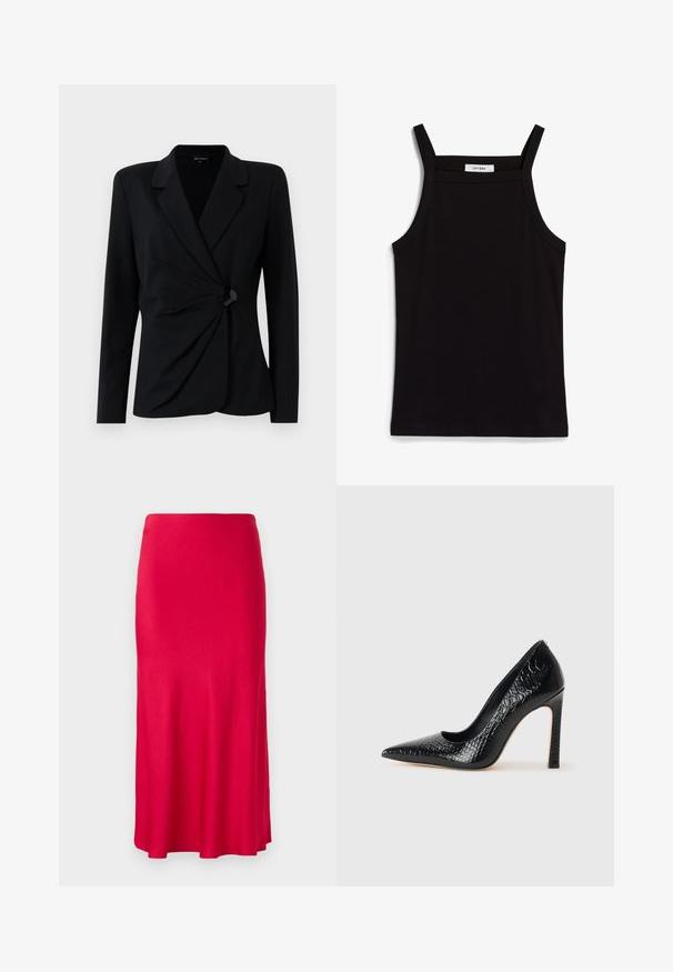 Schwarzer, taillierter Blazer mit langen Ärmeln, der einen Reverskragen, ein drapiertes Vorderdesign und einen einzelnen schwarzen Knopfverschluss aufweist. Aus glattem Stoff gefertigt.; Schwarzes Tanktop mit dünnen Spaghetti-Trägern, aus geripptem Stoff, mit geradem Schnitt und einem Etikett am Hals, auf dem "IVY OAK" steht.; Roter, kniebewährter Rock aus glattem, dehnbarem Stoff. Eng an der Taille mit einem ausgestellten Saum, ohne sichtbare Verschlüsse oder Muster.; Schwarzer, spitz zulaufender High Heel mit Krokodilleder-Struktur, elegantem Design, hohem Stiletto-Absatz und glattem schwarzen Innenraum.