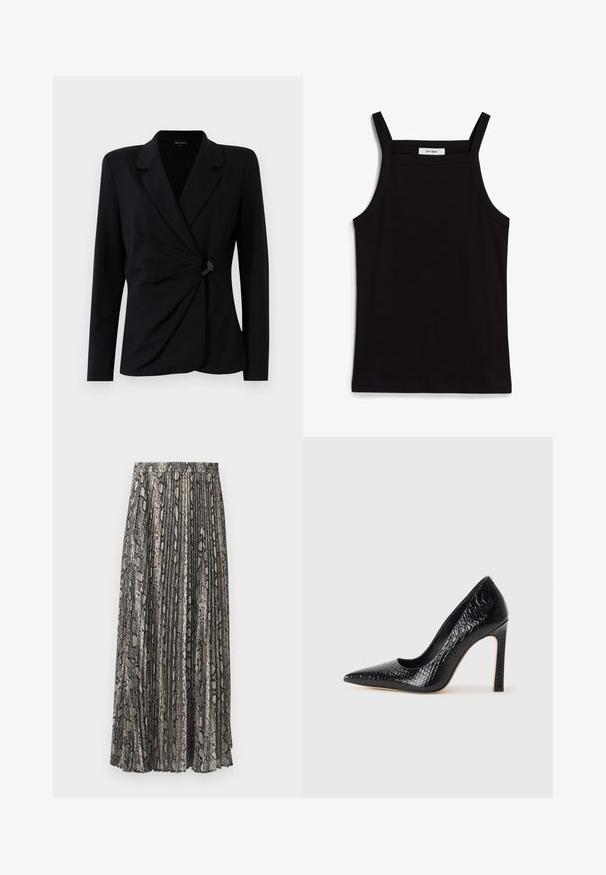 Zwarte, op maat gemaakte blazer met lange mouwen, voorzien van een geknipte kraag, een gedrapeerd ontwerp aan de voorkant en een enkele zwarte knoopsluiting. Gemaakt van een gladde stof.; Zwarte tanktop met dunne spaghettibandjes, gemaakt van ribstof, met een rechte snit en een label op de hals dat "IVY OAK" zegt.; Plissé midi-rok in een slangprintpatroon, met tinten grijs, zwart en beige. Gemaakt van lichtgewicht stof met een elastische tailleband.; Zwarte puntige hoge hak schoen met een krokodillenleren textuur, met een slank ontwerp, hoge stiletto-hak, en een gladde zwarte binnenkant.