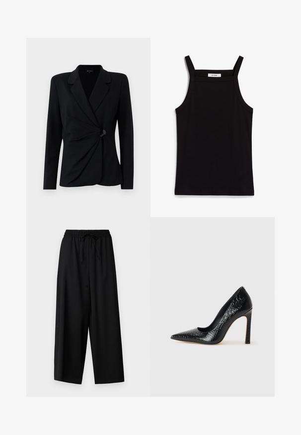 Blazer noir ajusté à manches longues, avec un col cranté, un design drapé à l'avant et une fermeture à un unique bouton noir. Fabriqué en tissu lisse.; Débardeur noir à fines bretelles, en tissu côtelé, avec une coupe droite et une étiquette au niveau du col indiquant "IVY OAK."; WEEKEND MaxMara ELMO - Pantalon classique - nero; Escarpin noir à bout pointu avec texture en cuir de crocodile, présentant un design élégant, un haut talon aiguille et un intérieur noir lisse.