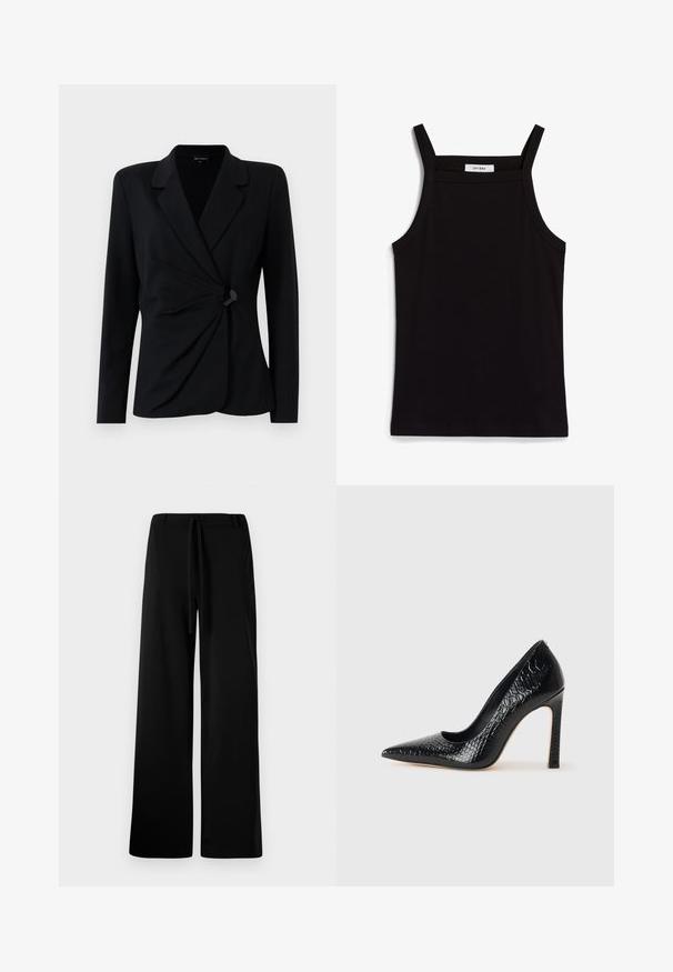 Musta, räätälöity bleiseri pitkillä hihoilla, jossa on viilto kaulus, laskostettu etuosasuunnittelu ja yksi musta napitus. Valmistettu sileästä kankaasta.; Mustat hihattomat paidat, joissa on ohut spagettiolkaimet, valmistettu ribbikankaasta. Paidassa on suora leikkaus ja kaula-aukon kohdalla on lappu, jossa lukee "IVY OAK."; Löysät mustat housut pehmeästä kankaasta, jossa on nauhavyötärö, sileä pinta eikä näkyviä taskuja tai kuvioita.; Musta kapea nilkkakorkokenkä krokotiilin nahkakuviolla, joka on varustettu tyylikkäällä muotoilulla, korkealla stiletto-korkealla ja sileällä mustalla sisäosalla.