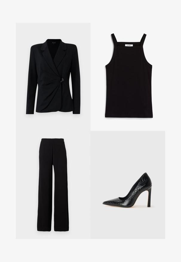 Black, tailored blazer with long sleeves, featuring a notched collar, draped front design, and a single black button closure. Made of smooth fabric.; Black tank top with thin spaghetti straps, made of a ribbed fabric, featuring a straight cut and a label at the neckline reading "IVY OAK."; Black wide-leg pants with elastic waistband, made from smooth fabric, displayed against a plain light background.; Black pointed-toe high heel shoe with a crocodile-skin texture, featuring a sleek design, high stiletto heel, and smooth black interior.