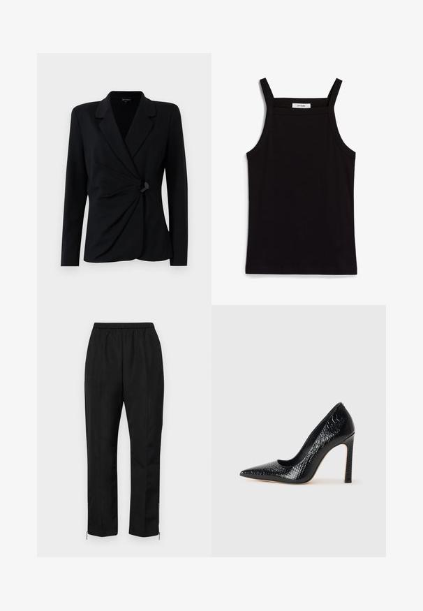 Czarna, dopasowana marynarka z długimi rękawami, z wyciętym kołnierzem, luźnym przodem i pojedynczym zapięciem na czarny guzik. Wykonana z gładkiego materiału.; Czarny top na ramiączkach z cienkimi spaghetti, wykonany z żebrowanej tkaniny, z prostym krojem i metką przy wycięciu na szyję z napisem "IVY OAK."; Czarne spodnie z elastycznym pasem, proste nogawki i zamki błyskawiczne przy kostkach. Tkanina ma gładką fakturę i minimalistyczny design.; Czarne szpilki z ostrym noskiem, pokryte teksturą skóry krokodyla, charakteryzujące się eleganckim wzornictwem, wysokim obcasem w stylu stiletto oraz gładkim czarnym wnętrzem.