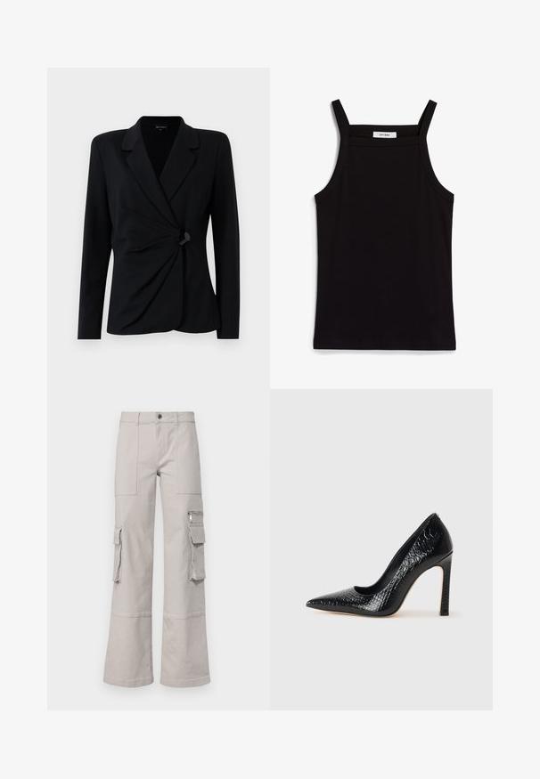 Črno krojena blazer jakna z dolgimi rokavi, ki ima razpoloženi ovratnik, drapirano sprednje oblikovanje in enojno zapiranje z črnim gumbom. Narejena iz gladkega materiala.; Črna majica brez rokavov z tankimi naramnicami, izdelana iz rebrastega materiala, z ravnim krojem in oznako na ovratniku z napisom "IVY OAK."; Svetlo sivi cargo hlače s širokimi nogami, več žepi in teksturiran zaključek tkanine. Imajo vidne šive in gumbasto zapiranje.; Črne čevlje z visoko peto in konico v obliki puščice, z teksturo krokodilje kože, ki se ponašajo s sleek oblikovanjem, visokim stiletto peto in gladkim črnim notranjostjo.