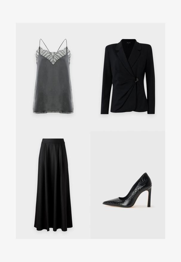 Blazer noir ajusté à manches longues, avec un col cranté, un design drapé à l'avant et une fermeture à un unique bouton noir. Fabriqué en tissu lisse.; Camisole en satin gris avec de fines bretelles spaghetti et un délicat overlay en dentelle rayée au niveau du col, présentant un design en forme de V.; Jupe longue noire avec une texture lisse, une taille large et un design plissé, sans motifs ni embellissements visibles.; Escarpin noir à bout pointu avec texture en cuir de crocodile, présentant un design élégant, un haut talon aiguille et un intérieur noir lisse.