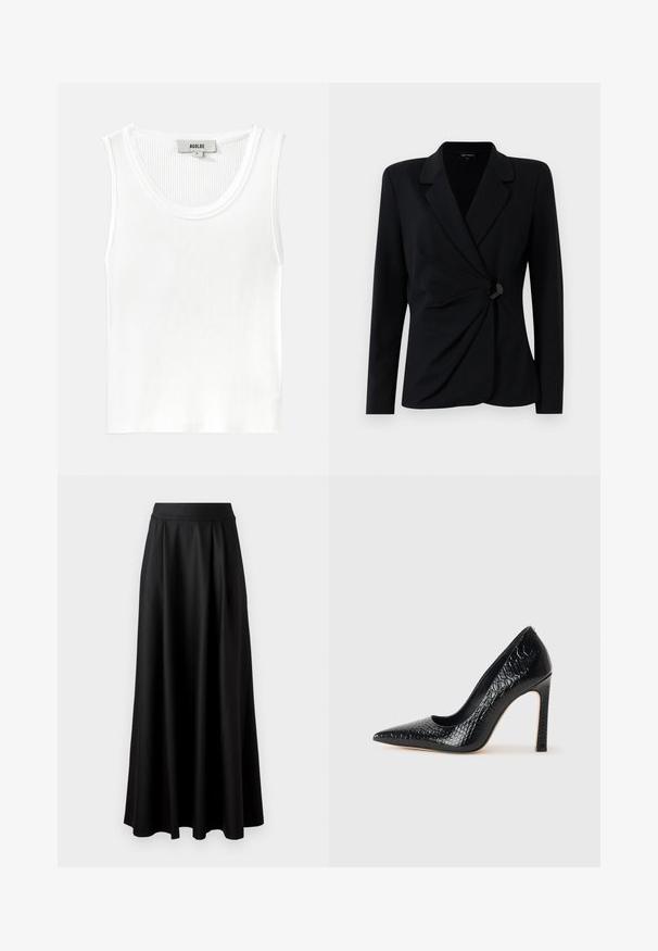 Black, tailored blazer with long sleeves, featuring a notched collar, draped front design, and a single black button closure. Made of smooth fabric.; White ribbed tank top with a rounded neckline and wide shoulder straps, featuring a tag labeled "AGOLDE" and size "S."; Black, floor-length skirt with a smooth texture, wide waistband, and pleated design, featuring no visible patterns or embellishments.; Black pointed-toe high heel shoe with a crocodile-skin texture, featuring a sleek design, high stiletto heel, and smooth black interior.