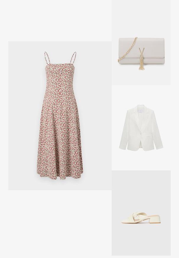 Bijela sako jakna s oštrim reverima, zatvaranjem na jedan gumb, dva prednja džepa i glatkom teksturom tkanine.; Abercrombie & Fitch CHASE STRAPLESS MIDI DRESS - Dnevna haljina - red; Sandale u boji kreme s blok petom, s uvijenim trakama i ravnim delom za prste. Glatki sintetički materijal s mat završnom obradom.; Svijetlo siva lažna kožna torba s zlatnim lanca, koja ima V-oblikovani kopču i detalj s resicama. Glatka tekstura, pravokutni oblik.