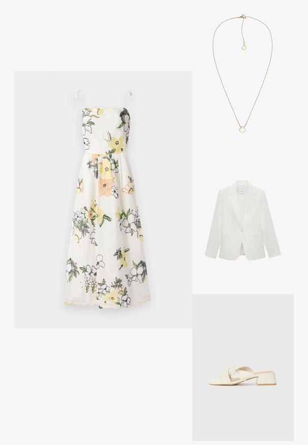 Vit skräddarsydd kavaj med slagkrage, enkel knappstängning, två framfickor och en slät struktur.; Blommönstrad klänning i vitt tyg, med gula scallopkanter, spaghettiband och en figurnära överdel som flödar ut i en utsvängd kjol.; Krämfärgade klacksandaler med blockklack och tvistade remmar samt platt tådel. Slätt syntetiskt material med matt yta.; Ljust grå faux läderhandväska med guldkedjesnodd, som har ett V-format lås och en fransdetalj. Slät textur, rektangulär form.; Guldtonad kedjearmband med en blommiformad berlock med en genomskinlig mitt. Fina länkar och kobrakrok.