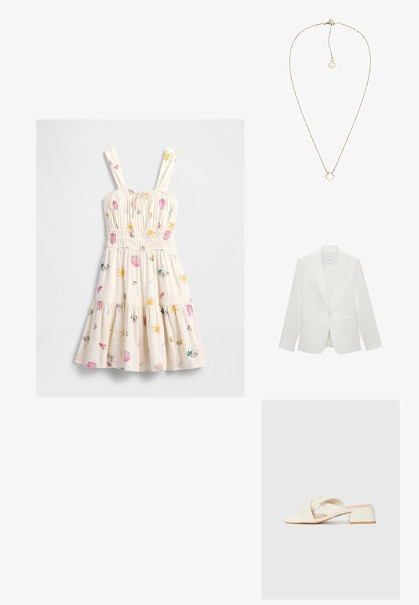 Vit skräddarsydd kavaj med slagkrage, enkel knappstängning, två framfickor och en slät struktur.; Krämfärgad klänning med smockad midja och band, dekorerad med färgglada tryck av sol, snäcka, krabba, citron och strandteman.; Krämfärgade klacksandaler med blockklack och tvistade remmar samt platt tådel. Slätt syntetiskt material med matt yta.; Ljust grå faux läderhandväska med guldkedjesnodd, som har ett V-format lås och en fransdetalj. Slät textur, rektangulär form.; Guldtonad kedjearmband med en blommiformad berlock med en genomskinlig mitt. Fina länkar och kobrakrok.
