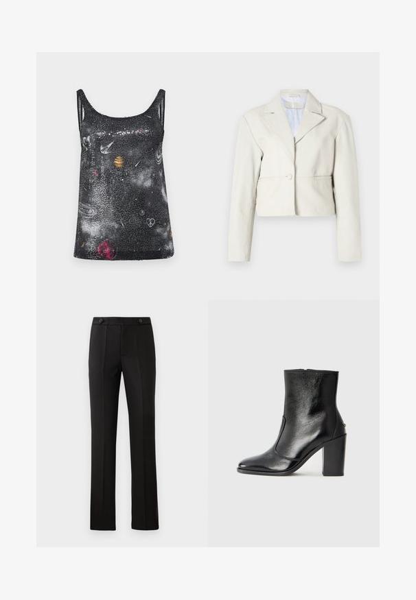 Jachetă scurtă bej deschis, cu închidere cu nasture, rever larg și mâneci lungi. Textură netedă, cu un design simplu și minimalist.; Top negru fără mâneci cu un imprimeu tematic spațial, prezentând planete și stele, accentuat de o textură strălucitoare din paiete.; Pantaloni negri croiți, cu un croi drept, două buzunare frontale, închidere cu nasture și detalii cu pliuri în față. Textură de țesătură netedă.; Botină din piele neagră, cu o textură netedă, vârf ascuțit și toc gros, înalt. Dispune de o deschidere laterală și un design minimalist.