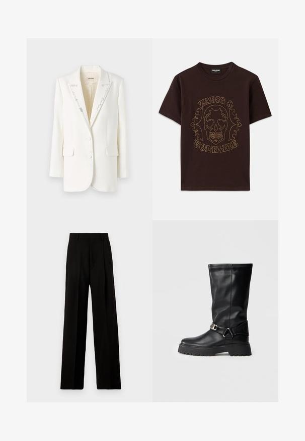 Bela blazer z strukturiranim dizajnom, zarezanimi reverji, dvema gumboma in dekorativnim srebrnim šivom vzdolž ovratnika in sprednjih robov.; Črna majica s kratkimi rokavi, izdelana iz bombaža, z grafiko lobanje obrobljeno z zlatimi žebljički ter napisom "Zadig & Voltaire", okroglo izrezana.; Črne široke hlače iz gladkega materiala, z visokim pasom, sprednjimi pregibi in brez okrasnih elementov v čistem, prirejenem dizajnu.; Črne nadkolenske čevlje iz gladke usnje, ki imajo zaponko na strani in debele, teksturirane podplate za boljši oprijem.