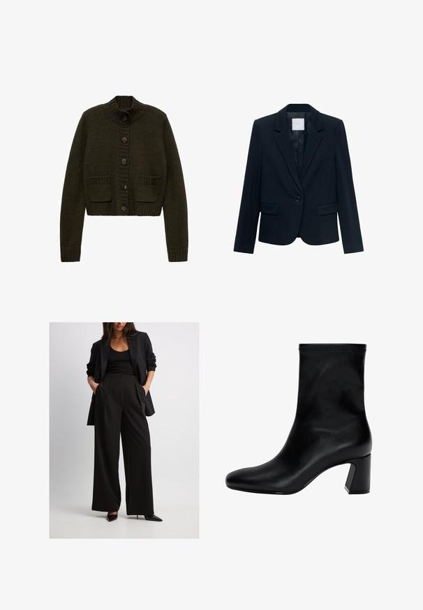 Marineblå skræddersyet blazer med langeærmer, enkelt sort knaplukning, spidse krave og to frontlommer med klap.; Mørkegrøn strikket cardigan med høj krave, fem knaplukninger og to forlommer. Har ribbede ærmer og kant.; Hvid langærmet skjorte med klassisk krave, knaplukning foran og glat bomuldsstof. Minimalistisk design, uden mønstre eller accenter.; Sort skræddersyet blazer parret med brede sorte bukser, der har folder og sidelommer. Model iført sorte spidse hæle.; Sort ankelstøvle lavet af glat læder. Har en firkantet tå, elastisk kant og en kraftig hæl for stabilitet. Minimalistisk design.