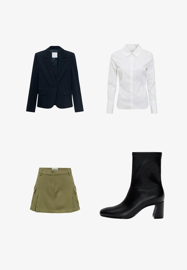 Blazer su misura di colore blu navy con maniche lunghe, chiusura con un singolo bottone nero, colletto a risvolto e due tasche frontali con pattina.; Camicia bianca a maniche lunghe con colletto classico, chiusura frontale con bottoni e tessuto di cotone liscio. Design minimalista, senza motivi o accenti.; Gonna in cotone verde oliva con orlo svasato, dotata di chiusura con bottoni frontali e due tasche laterali. Design casual e текстurizzato.; Stivaletto nero fino alla caviglia in pelle liscia. Presenta una punta quadrata, un bordo elastico e un tacco robusto per la stabilità. Design minimalista.