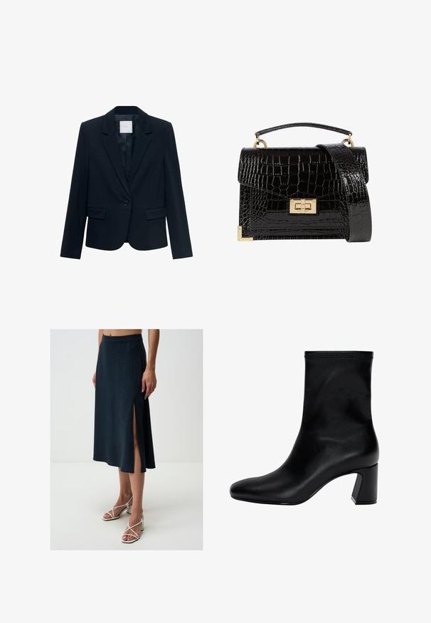 Navyblauer maßgeschneiderter Blazer mit langen Ärmeln, einreihigem schwarzen Knopfverschluss, Reverskragen und zwei vorderen aufgesetzten Taschen.; Weißes Langarmhemd mit klassischem Kragen, Knopfleiste und glattem Baumwollstoff. Minimalistisches Design, ohne Muster oder Akzente.; Jimmy Key HIGH WAIST MIDI - A-Linien-Rock - dark blue; Schwarzer Knöchelstiefel aus glattem Leder. Mit quadrater Zehenpartie, elastischem Schaft und einem stabilen Blockabsatz. Minimalistisches Design.; Schwarz lackierte Handtasche mit Krokodilstruktur, goldfarbenen Hardware, einem oberen Griff und einem abnehmbaren Schulterriemen. Rechteckige Form mit Klappenverschluss.