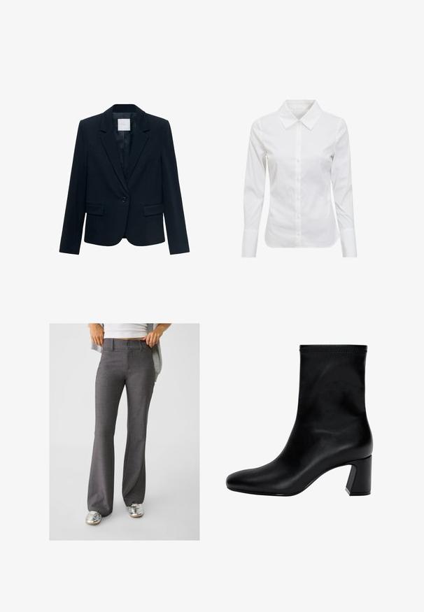 Navyblauer maßgeschneiderter Blazer mit langen Ärmeln, einreihigem schwarzen Knopfverschluss, Reverskragen und zwei vorderen aufgesetzten Taschen.; Weißes Langarmhemd mit klassischem Kragen, Knopfleiste und glattem Baumwollstoff. Minimalistisches Design, ohne Muster oder Akzente.; Graue, ausgestellte Hosen aus strukturiertem Stoff, mit einer Zwei-Knopf-Verschluss und Gürtelschlaufen, kombiniert mit glänzenden silbernen Sneakers.; Schwarzer Knöchelstiefel aus glattem Leder. Mit quadrater Zehenpartie, elastischem Schaft und einem stabilen Blockabsatz. Minimalistisches Design.