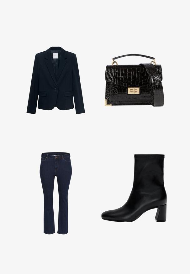Blazer su misura di colore blu navy con maniche lunghe, chiusura con un singolo bottone nero, colletto a risvolto e due tasche frontali con pattina.; Camicia bianca a maniche lunghe con colletto classico, chiusura frontale con bottoni e tessuto di cotone liscio. Design minimalista, senza motivi o accenti.; Jeans in denim blu con taglio dritto, dotati di cinque tasche, cuciture a contrasto e chiusura a bottone metallico in vita.; Stivaletto nero fino alla caviglia in pelle liscia. Presenta una punta quadrata, un bordo elastico e un tacco robusto per la stabilità. Design minimalista.; Borsa a tracolla nera in pelle verniciata con texture a coccodrillo, hardware dorato, manico superiore e una tracolla removibile. Forma rettangolare con chiusura a patta.