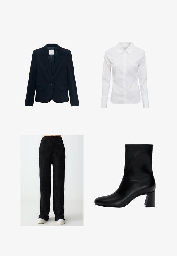 Granatowy dopasowany żakiet z długimi rękawami, z jedynym czarnym zapięciem na guzik, z klapami kołnierza i dwoma przednimi kieszeniami z klapami.; Biała koszula z długim rękawem, z klasycznym kołnierzykiem, zapinana na guziki, wykonana z gładkiego materiału bawełnianego. Minimalistyczny design, bez wzorów i akcentów.; Czarne, fakturowane spodnie o szerokich nogawkach z wysokim stanem i elastycznym paskiem. Tkanina ma wzór w kratkę. Stylizowane z białymi trampkami.; Czarny botek na kostkę wykonany z gładkiej skóry. Posiada kwadratowy czubek, elastyczny górny brzeg oraz masywny obcas zapewniający stabilność. Minimalistyczny design.