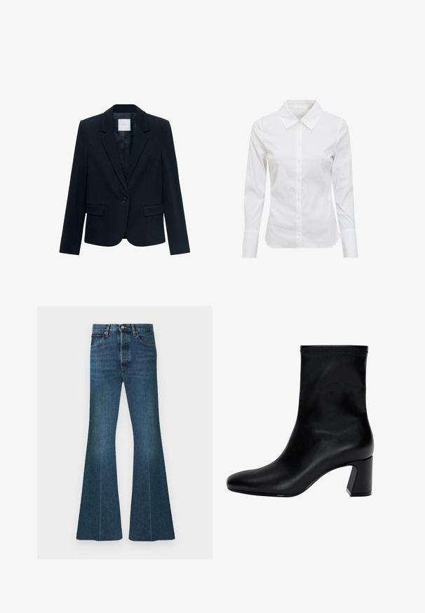 Blazer ajusté bleu marine avec manches longues, fermeture à un bouton noir, col à revers et deux poches avant à rabat.; Chemise blanche à manches longues avec un col classique, un devant à boutons et un tissu en coton lisse. Design minimaliste, sans motifs ni accents.; Jean en denim évasé bleu foncé avec une taille haute, un design à cinq poches et une couture classique. Le tissu présente un aspect lisse et texturé.; Botte noire à la cheville en cuir lisse. Possède un bout carré, un haut élastiqué et un talon épais pour la stabilité. Design minimaliste.