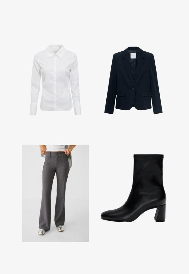 Blazer ajusté bleu marine avec manches longues, fermeture à un bouton noir, col à revers et deux poches avant à rabat.; Chemise blanche à manches longues avec un col classique, un devant à boutons et un tissu en coton lisse. Design minimaliste, sans motifs ni accents.; Pantalons évasés gris en tissu texturé, dotés d'une fermeture à deux boutons et de passants de ceinture, associés à des baskets argentées brillantes.; Botte noire à la cheville en cuir lisse. Possède un bout carré, un haut élastiqué et un talon épais pour la stabilité. Design minimaliste.