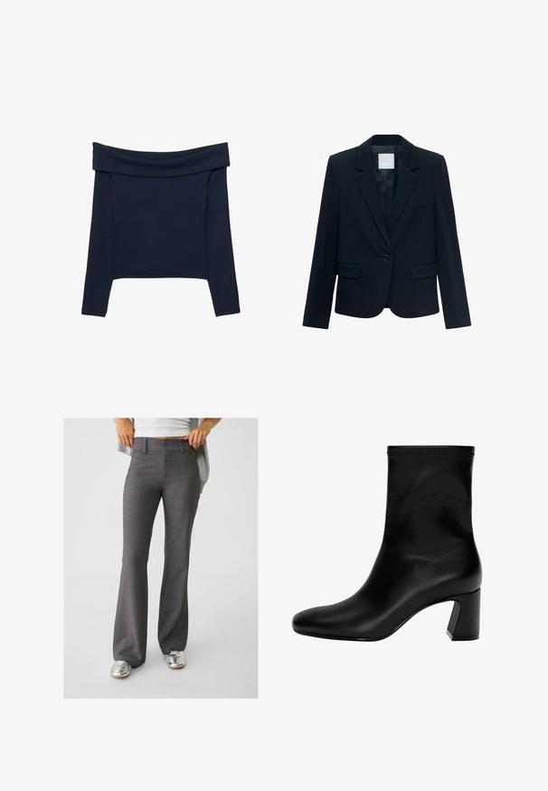 Marinblå skräddarsydd kavaj med långa ärmar, enkel svart knappstängning, snett krage och två framfickor med lock.; Stradivarius OFF-THE-SHOULDER - Långärmad tröja - dark blue; Vit långärmad skjorta med klassisk krage, knappstängning framtill och slätt bomullstyg. Minimalistisk design, utan mönster eller dekorationer.; Grå utställda byxor i texturerat tyg, med dubbelknappslås och bälteshällor, i kombination med blanka silversneakers.; Svart ankelsko i slät läder. Har en fyrkantig tå, elastisk överdel och en kraftig klack för stabilitet. Minimalistisk design.