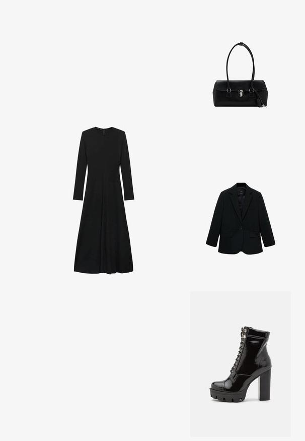 Czarny żakiet wykonany z gładkiego materiału. Posiada zapięcie na jeden guzik, wykrojone klapy oraz dwie przednie kieszenie. Prosty, dopasowany fason.; Czarna sukienka z długim rękawem i okrągłym dekoltem, o prostym kroju i plisowanej spódnicy. Wykonana z gładkiego, lekkiego materiału.; RAID KYNLEE czarny; Czarna skórzana torebka o gładkiej fakturze, usztywnionym fasonie, podwójnych uchwytach i srebrnym zapięciu na środku.