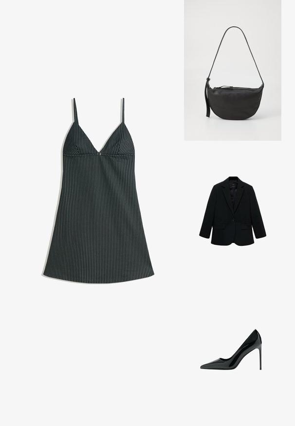 Blazer negru dintr-un material neted. Dispune de închidere cu un singur buton, rever cu tăietură și două buzunare frontale. Design simplu, croit.; Rochie slip cu dungi alb-negru, cu decolteu în V, bretele subțiri și o croială lejeră. Materialul are o textură netedă și o margine dreaptă.; Pantofii cu toc stiletto din piele patent neagră au vârful ascuțit și o textură netedă, lucioasă; toc înalt și subțire; design minimalist.; Geantă de umăr din piele neagră, cu formă curbată, curea unică, închidere cu fermoar și detalii subtile de cusătură pe corp.